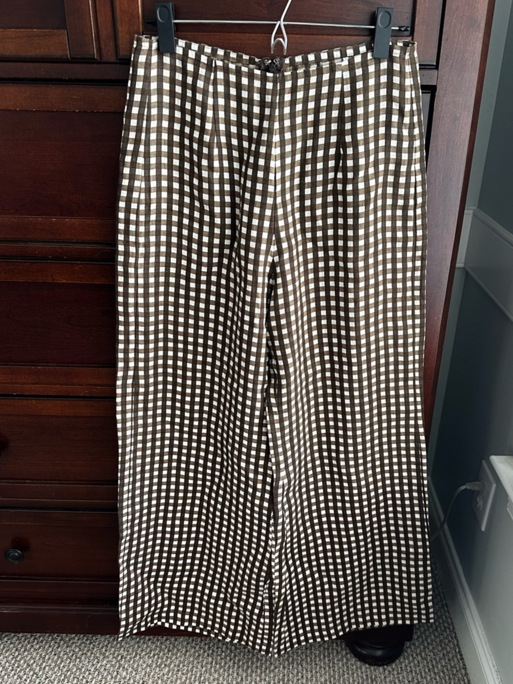 Faithfull the Brand wide-leg high-rise 100% linen checkered brown pants sz M